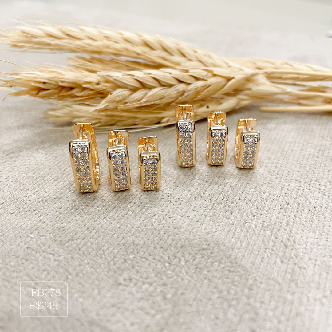 Trio de Argola Quadrada c/ 2 Carreiras Luxo Cravejada Cristal Dourado